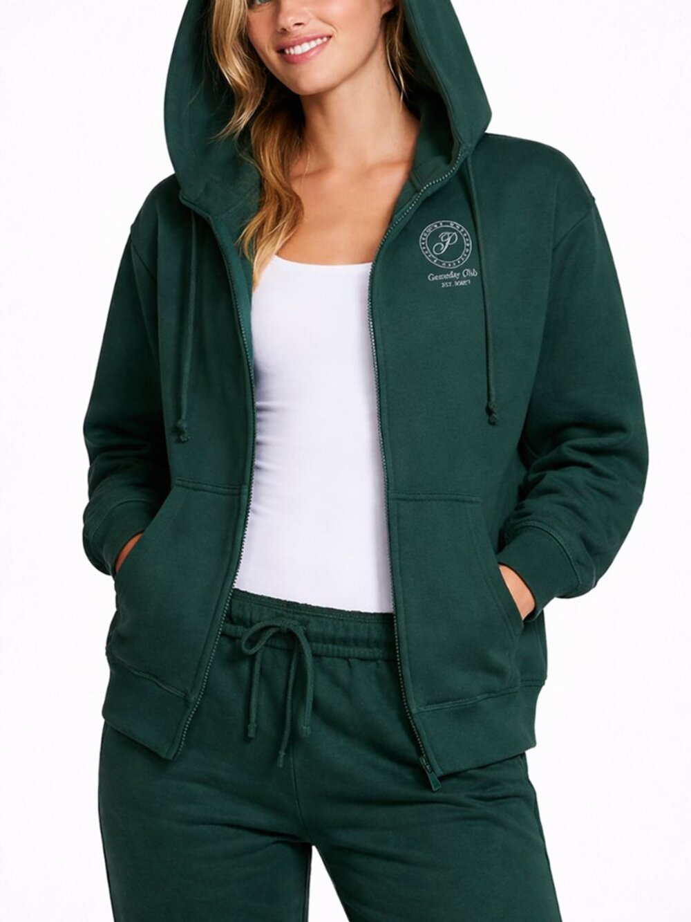 Victoria's Secret PINK Ivy Fleece Full-Zip Hoodie (Deep Forest Game Day)